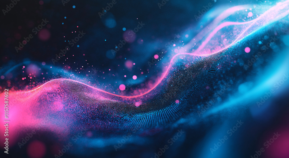 Aufkleber 3d rendering of an abstract black background with flowing waves of particles and dots, embodying a f