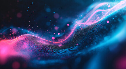 3D rendering of an abstract black background with flowing waves of particles and dots, embodying a futuristic digital technology concept