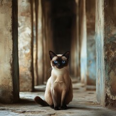Siamese Cat Posing in Ancient Ruins Alleyway