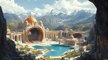 Majestic mountain city with golden domes, a large circular structure, and a tranquil lake viewed from a cave.