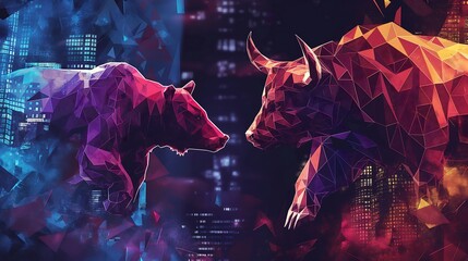 Abstract crypto bear and bull, digital glitch art