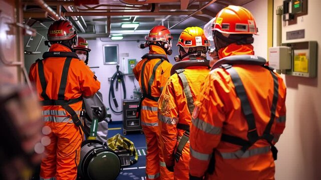 Firefighting team standing in maritime vessel corridor, wearing protective orange gear and oxygen tanks, preparing for urgent rescue mission with professional readiness