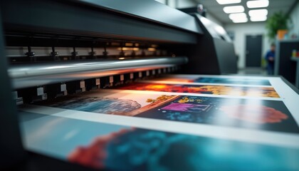 Large format printing machine produces high quality prints. Colorful images printed on sheets of paper. Commercial printing equipment works in printing shop. Modern technology used for high volume