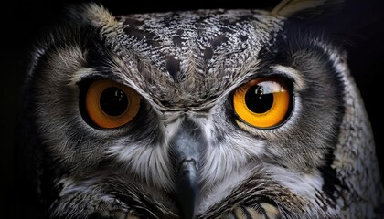 Obraz premium Close-up of an owl's intense golden eyes in sharp detail against a dark background