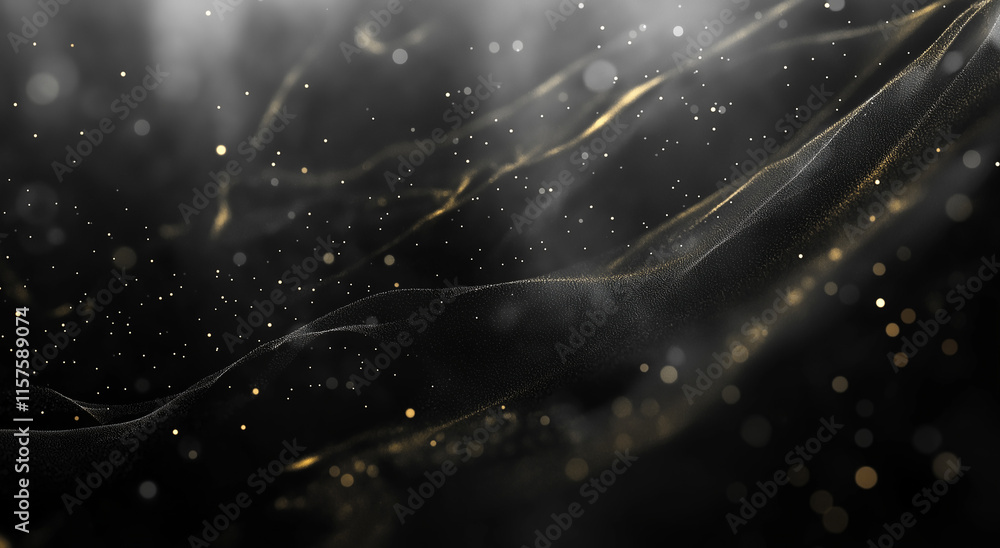 Poster 3d rendering of an abstract black background with flowing waves of particles and dots, embodying a f