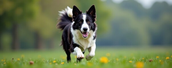 Obraz premium High energy border collie with distinctive white markings on face and body, dog sports, animal behavior