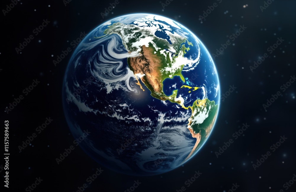 Aufkleber Planet Earth seen from space. Detailed 3D illustration of Earth surface with continents, oceans. Clear view of clouds, atmospheric patterns. Beautiful representation of globe in universe. Ideal for