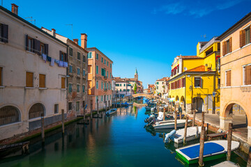 Chioggia town in Venetian lagoon, bridge on the canal. Veneto, Italy