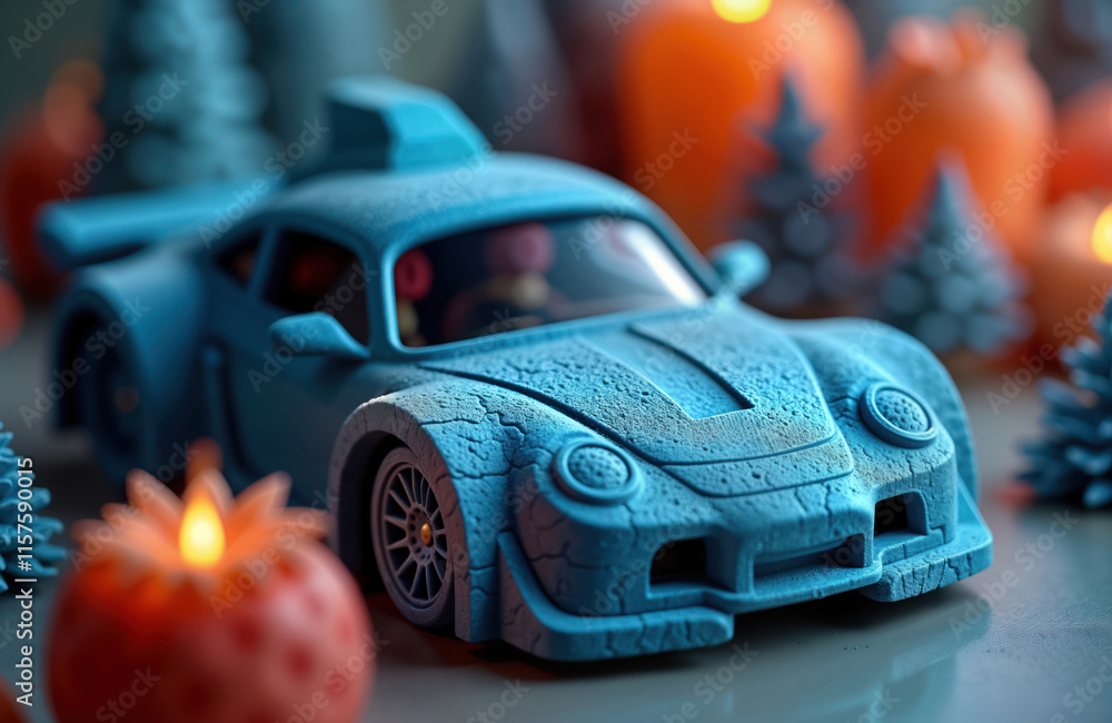 Poster Close-up view of 3d printed model car. Modern tech product. Cool blue color. Creative design. Abstract shape. Plaster material. Printed item. Made using 3D printer. Details visible. Possible future