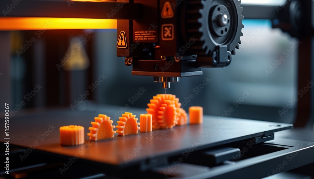 Poster 3D printer creates orange gear models. Close-up view of tech device. Modern manufacturing process. Student engineer uses 3D printing machine. Laboratory setting shows tech innovation. Gears placed on