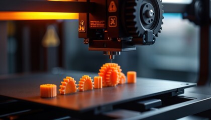 3D printer creates orange gear models. Close-up view of tech device. Modern manufacturing process. Student engineer uses 3D printing machine. Laboratory setting shows tech innovation. Gears placed on