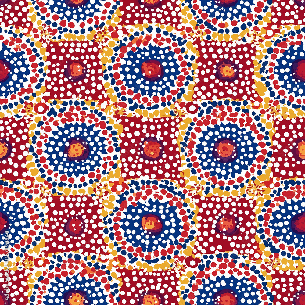 Poster vibrant abstract pattern featuring circular motifs in red, blue, and yellow, created with a dotted d