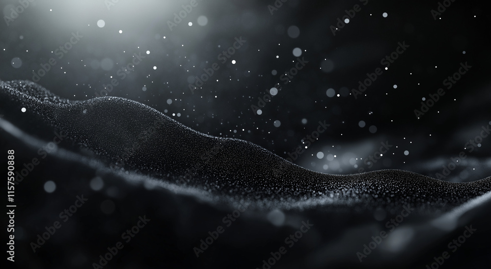Poster 3d rendering of an abstract black background with flowing waves of particles and dots, embodying a f