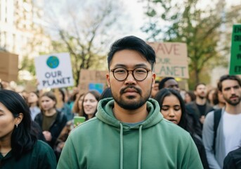 Protesters marching for climate change, holding protest signs and demanding action for environmental conservation