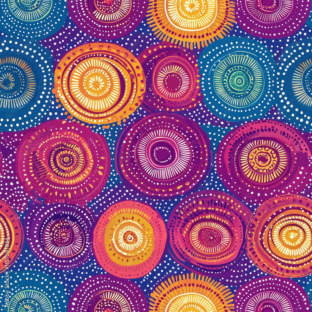 Poster Vibrant circular patterns in various colors create a lively abstract design on a rich blue background.