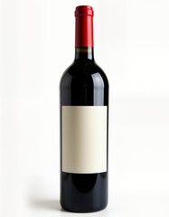 Elegant red wine bottle isolated on white background. Unopened bottle with blank label ready for customization. Full bottle with red cap. Perfect for advertising, branding. Versatile image for wine