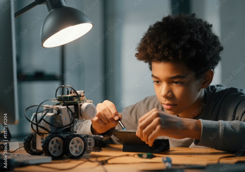 Poster focused young engineer programming robot using tablet and stylus, illuminated by desk lamp, working 