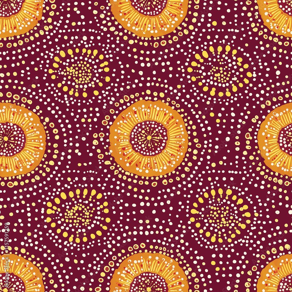 Poster vibrant abstract pattern featuring circular shapes in orange and white on a deep maroon background.