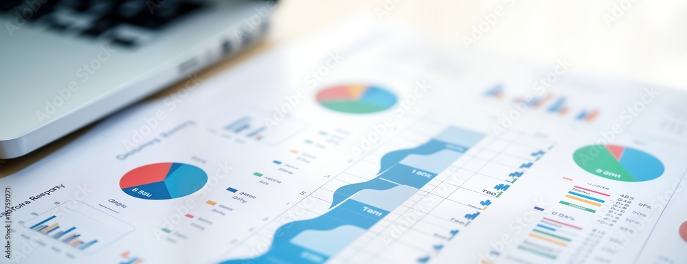 Leinwandbilder Business documents with charts, graphs displayed on table. Financial reports marketing data analysis shown. Data visualization evident on printed documents. Analysis of financial performance project