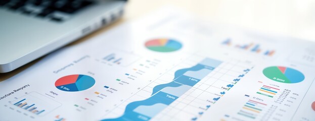 Business documents with charts, graphs displayed on table. Financial reports marketing data analysis shown. Data visualization evident on printed documents. Analysis of financial performance project