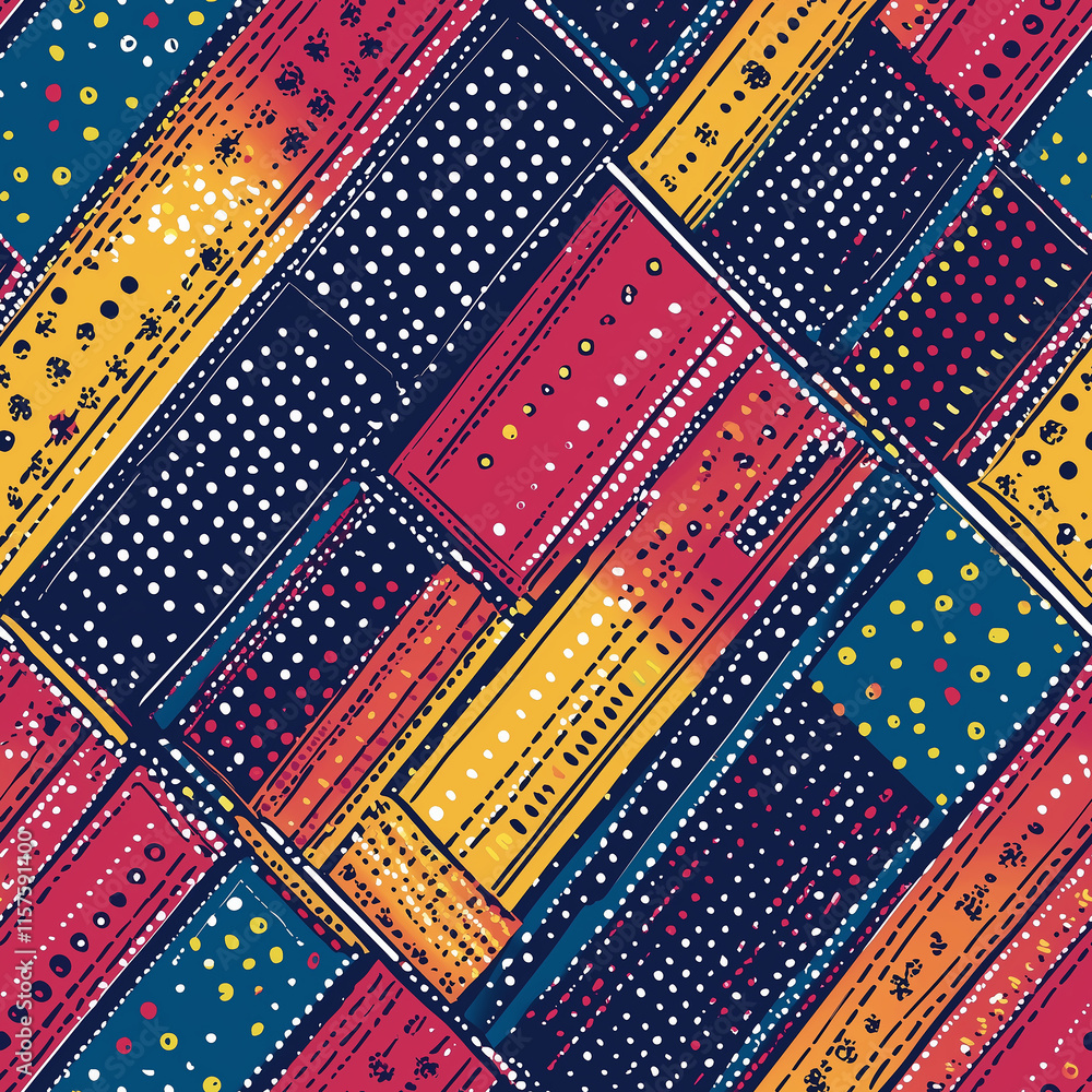 Poster vibrant abstract pattern featuring colorful stripes and dots in a dynamic arrangement, perfect for t