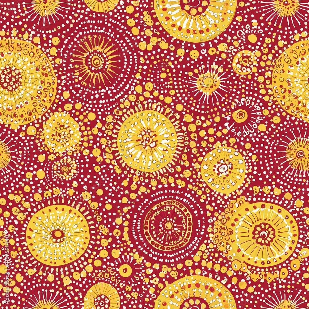 Poster vibrant red and yellow circular patterns create a lively and dynamic textile design.