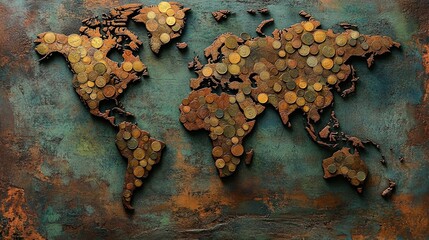 A world map made of coins representing global trade connections. 