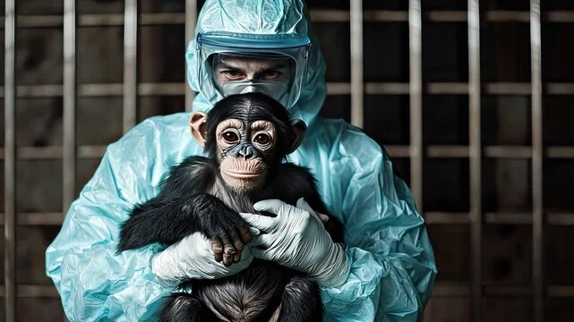 a virologist holds a monkey in his hands. Selective focus
