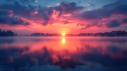 Fototapeta premium Vibrant sunset over calm lake with fog, reflecting colorful sky and sun.