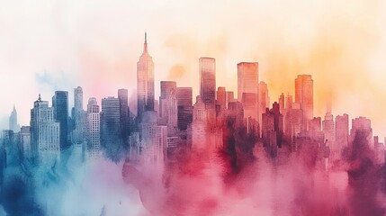 Fototapeta premium A watercolor painting of a skyline with soft pastel hues. 