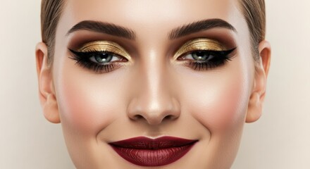 Fototapeta premium Elegant female beauty with golden eye makeup and bold lips for glamour look