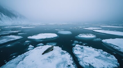 A seal resting on an ice floe surrounded by a frozen sea. 
