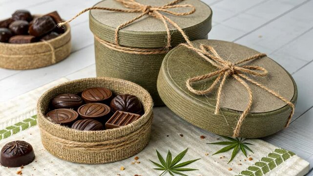 Round hemp coated boxes are tied with twine and contain an assortment of dark chocolates, displayed on a patterned placemat with cannabis leaves