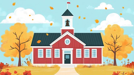 A school building clipart with a bell tower and flagpole. 