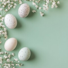Decorative Easter eggs arranged with flowers on a pastel green background