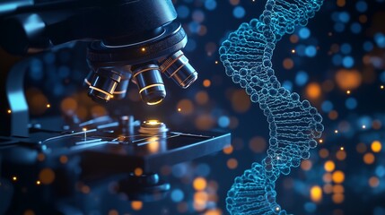 Close-up of a microscope on a background of laboratory equipment and macro image of DNA in an animated style. The concept of innovative medical technology