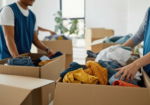 Volunteers putting clothes in cardboard boxes for donation