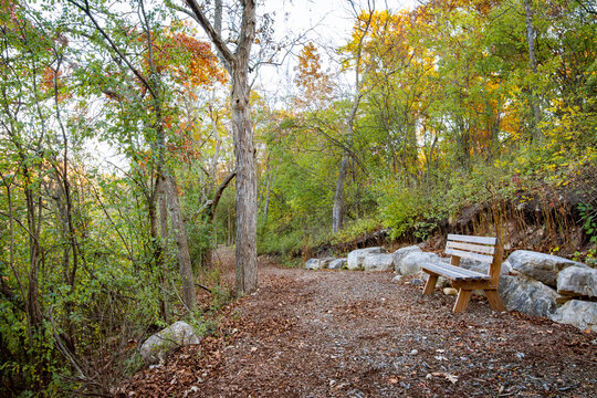 An empty bench sits next to a trail at a scenic spot during an early October morning in Wisconsin.