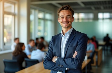 Fototapeta premium Young confident businessman stands in office. Positive expression, wears suit. People in meeting in background. Modern corporate atmosphere. Business professional posing. Successful leader. Pro