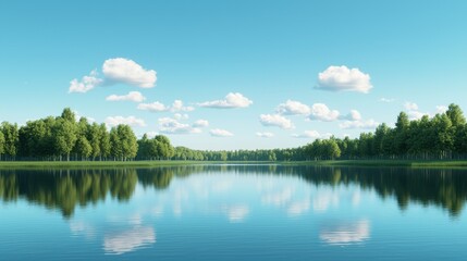 Tranquil Lake Landscape with Lush Green Forest and Blue Sky