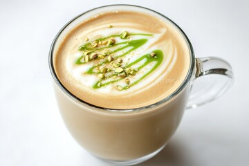 Creamy beverage topped with vibrant green swirl and crushed nuts