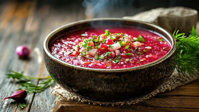 borscht in a plate on the table. Selective focus