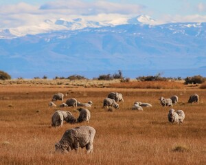 ovelhas deitadas em pasto com cordilheira dos andes ao fundo