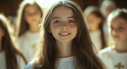Young girl smiles brightly in a group of children during a choir performance in a church setting