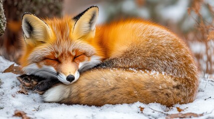 A red fox curling up in a snowy forest clearing. 