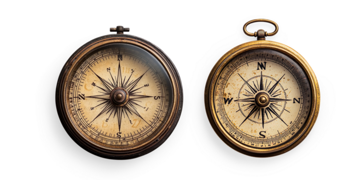 Vintage Brass Compass with Detailed Compass Rose on a Transparent Background