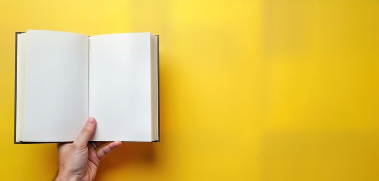 Hand holds open book against yellow background. Blank pages offer space for design text. Great for marketing education concepts. Minimalist design focuses on reading, learning. Image suitable for