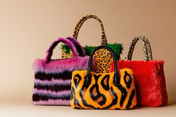 Colorful furry handbags showcase bold patterns and unique textur