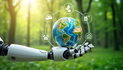 Robot hand holds Earth globe. Eco-friendly tech concept. Modern AI, eco-conscious tech displayed. Protecting planet future. Sustainable living symbolized. Innovation, sustainability key ideas. Green