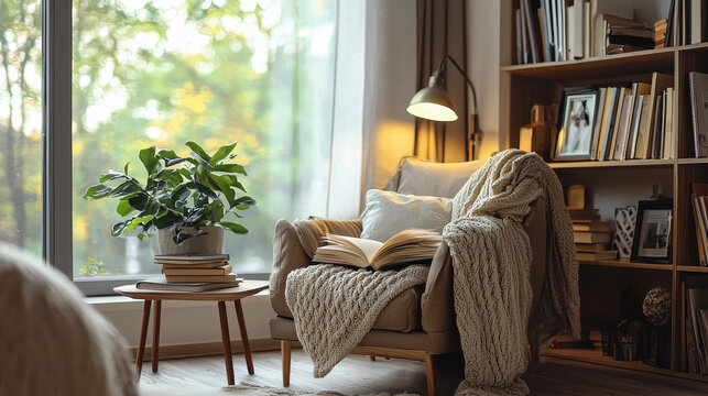 A cozy reading nook featuring a comfortable armchair draped with a soft knit blanket, surrounded by a green plant and a bookshelf filled with books, providing a warm and inviting atmosphere.